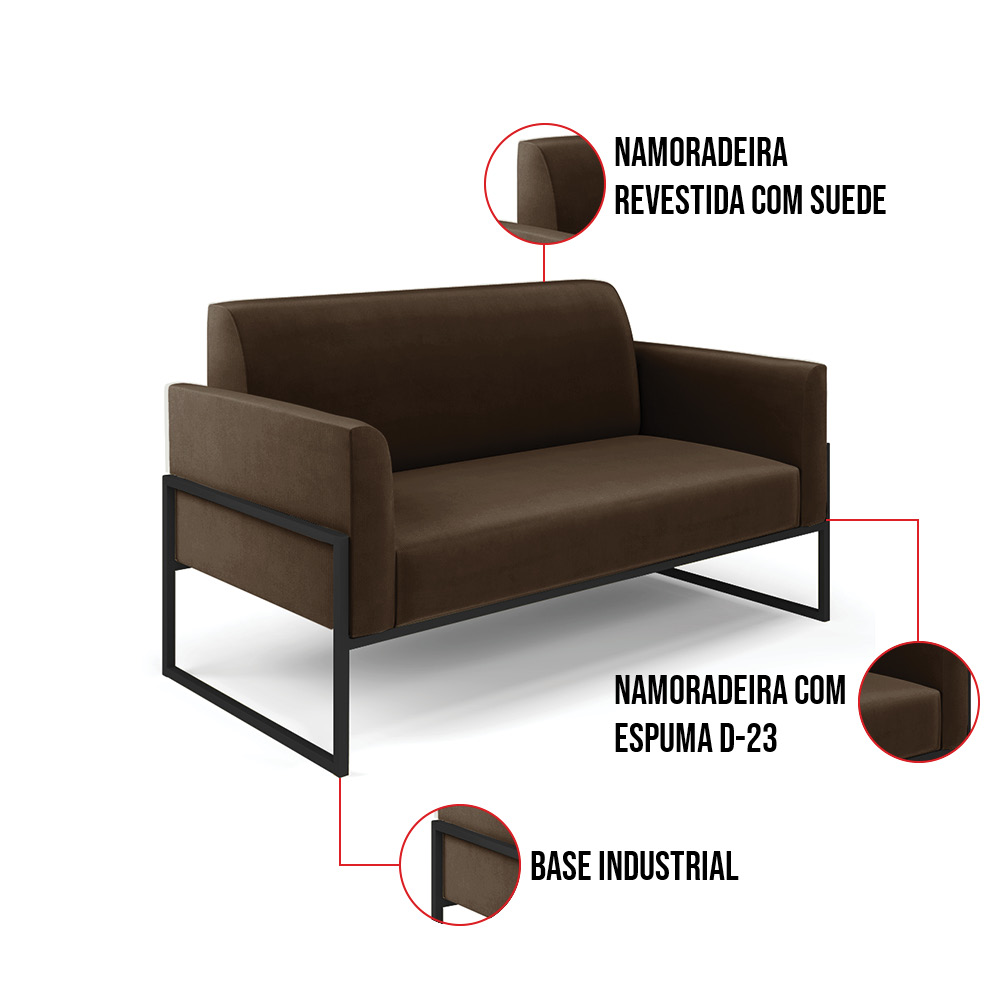 Sofá Namoradeira Base Industrial Alta Preto Marisa Suede Marrom D03 - D?Rossi