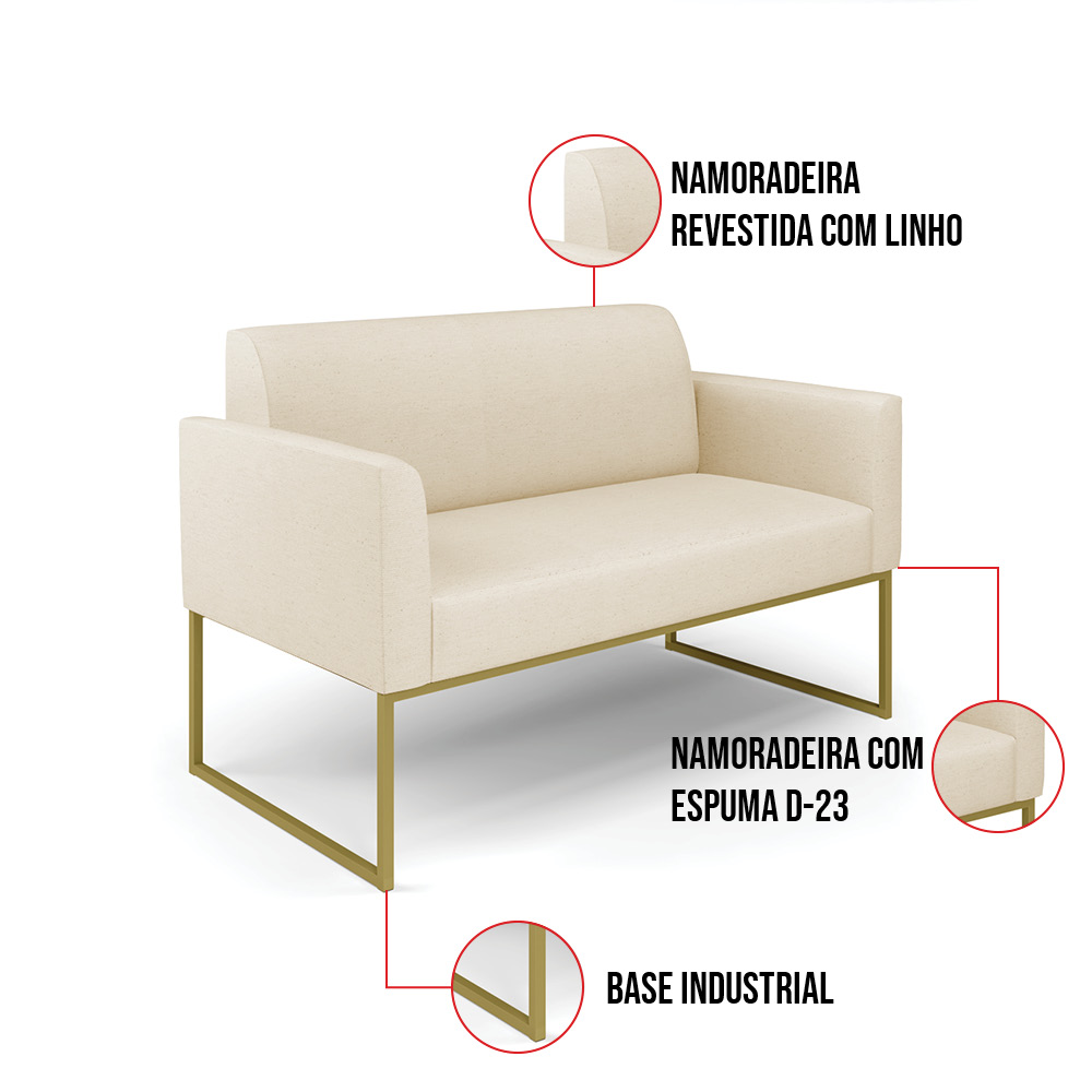Sofá Namoradeira Base Industrial Dourado Marisa Linho D03 - D'Rossi