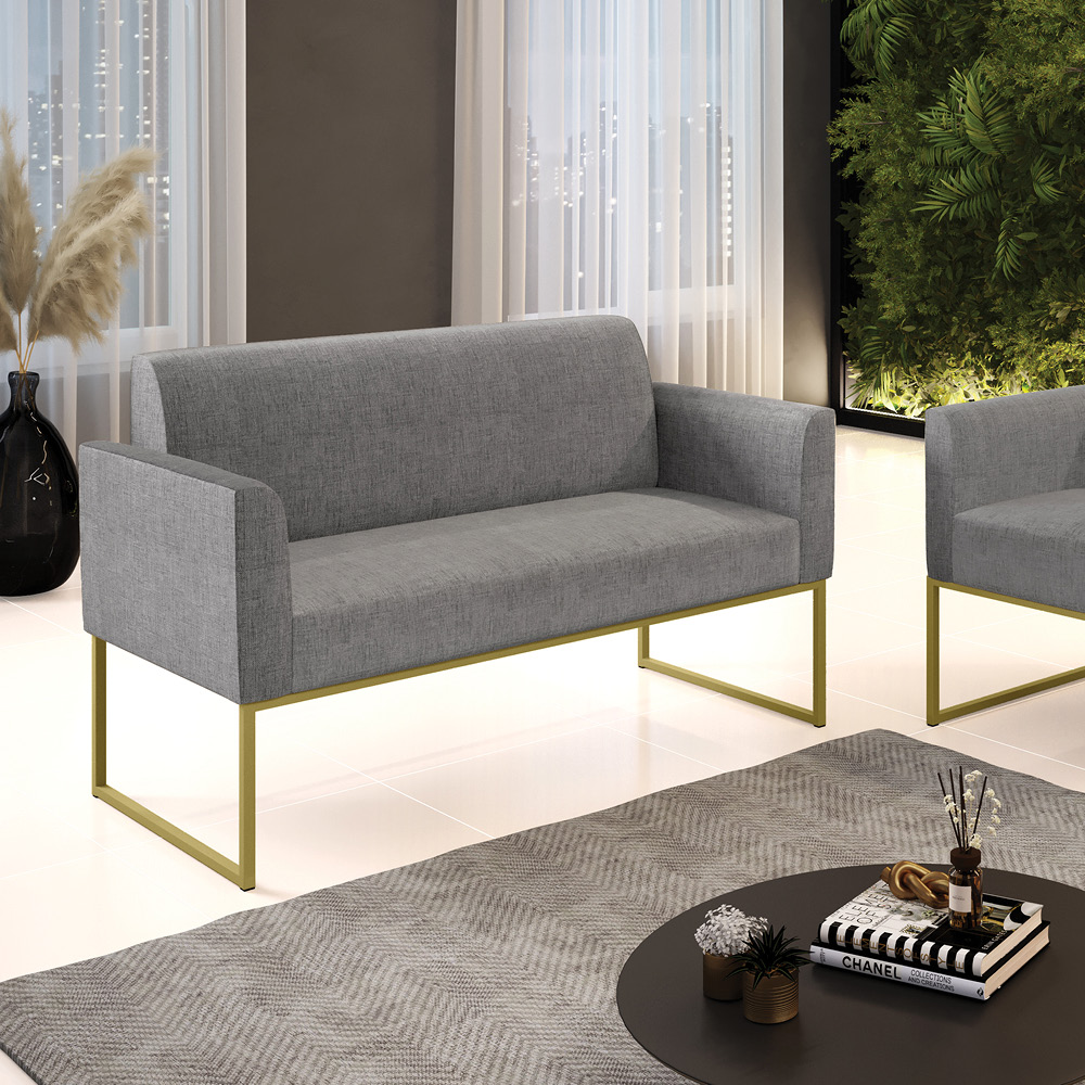 Sofá Namoradeira Base Industrial Dourado Marisa Linho Grafite A26 D03 - D'Rossi