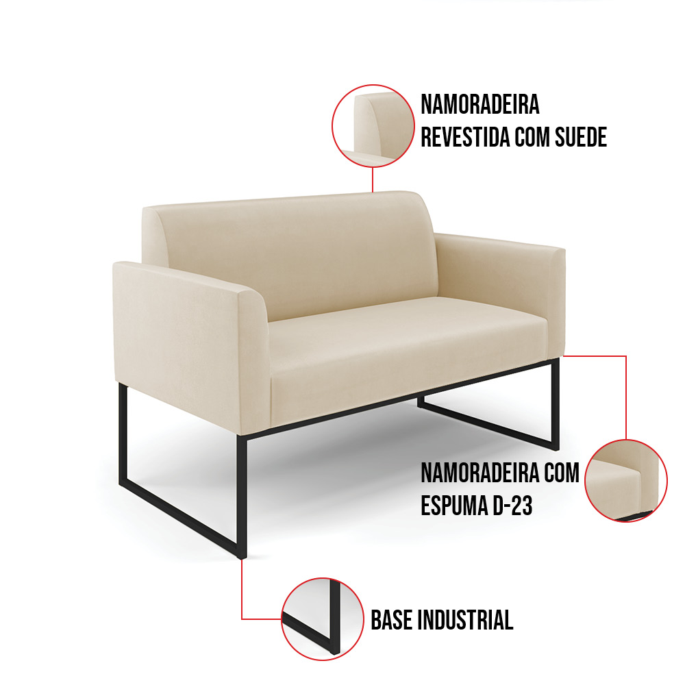 Sofá Namoradeira Base Industrial Preto Marisa Suede D03 - D'Rossi