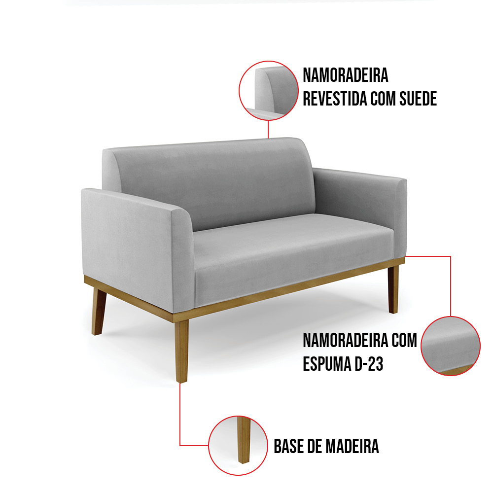 Sofá Namoradeira Base de Madeira Fixa Castanho Marisa Suede Cinza D03 - D'Rossi