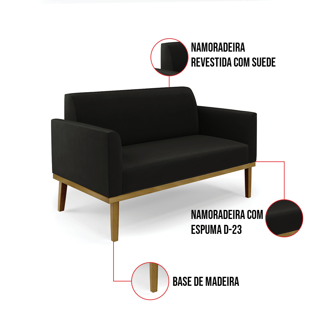 Sofá Namoradeira Base de Madeira Fixa Castanho Marisa Suede Preto D03 - D'Rossi