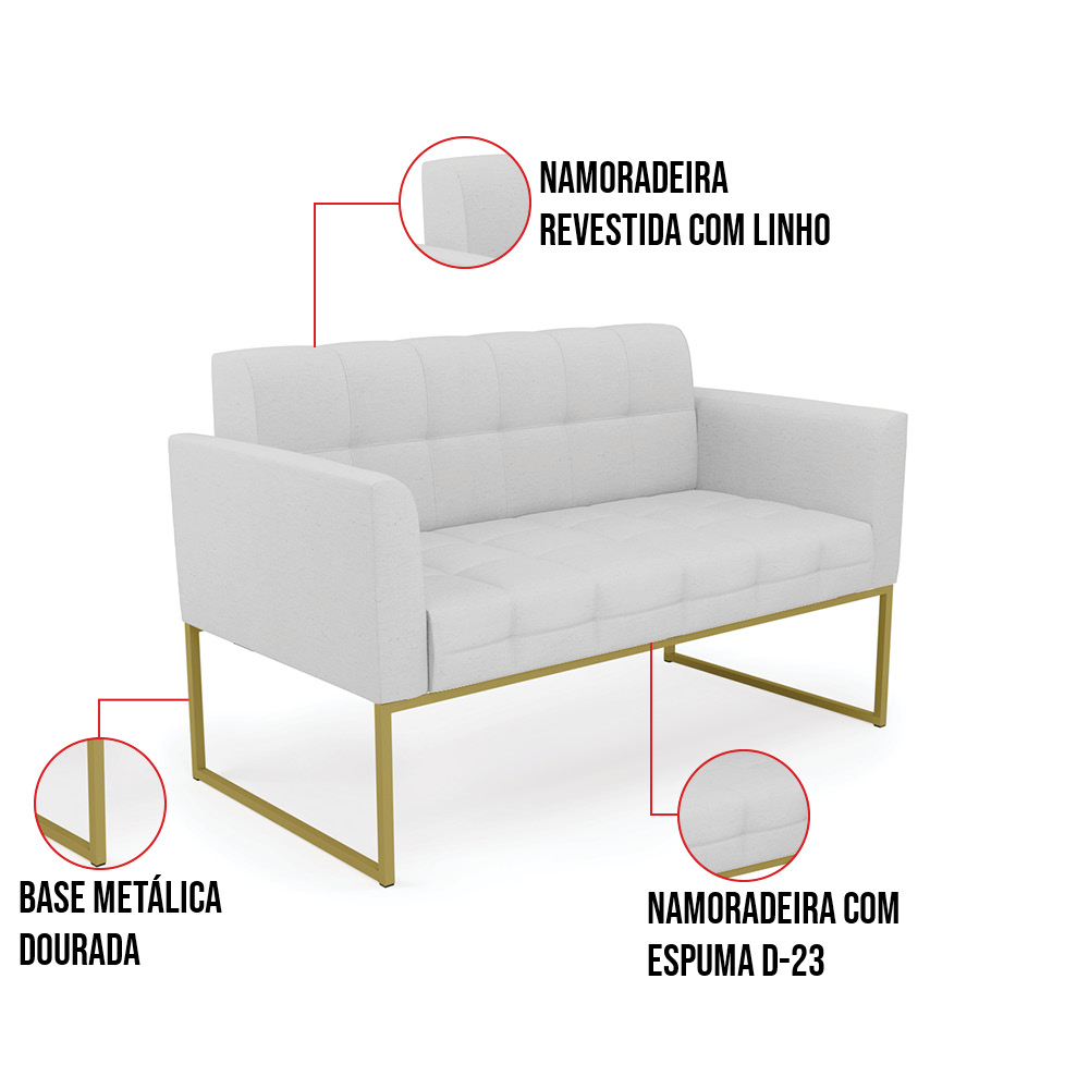 Sofá Namoradeira Elisa Linho Cinza A05 Base Metálica Industrial Dourada - D'Rossi