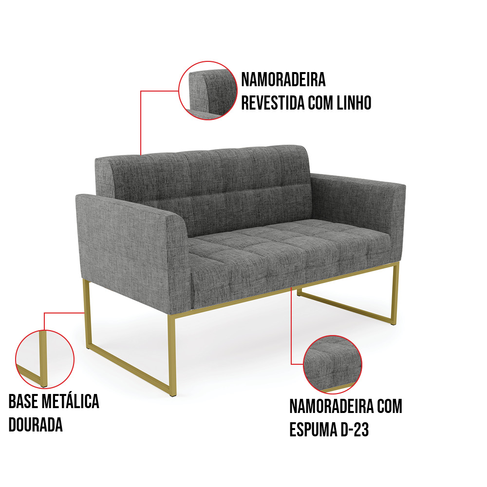 Sofá Namoradeira Elisa Linho Grafite A26 Base Metálica Industrial Dourada - D'Rossi