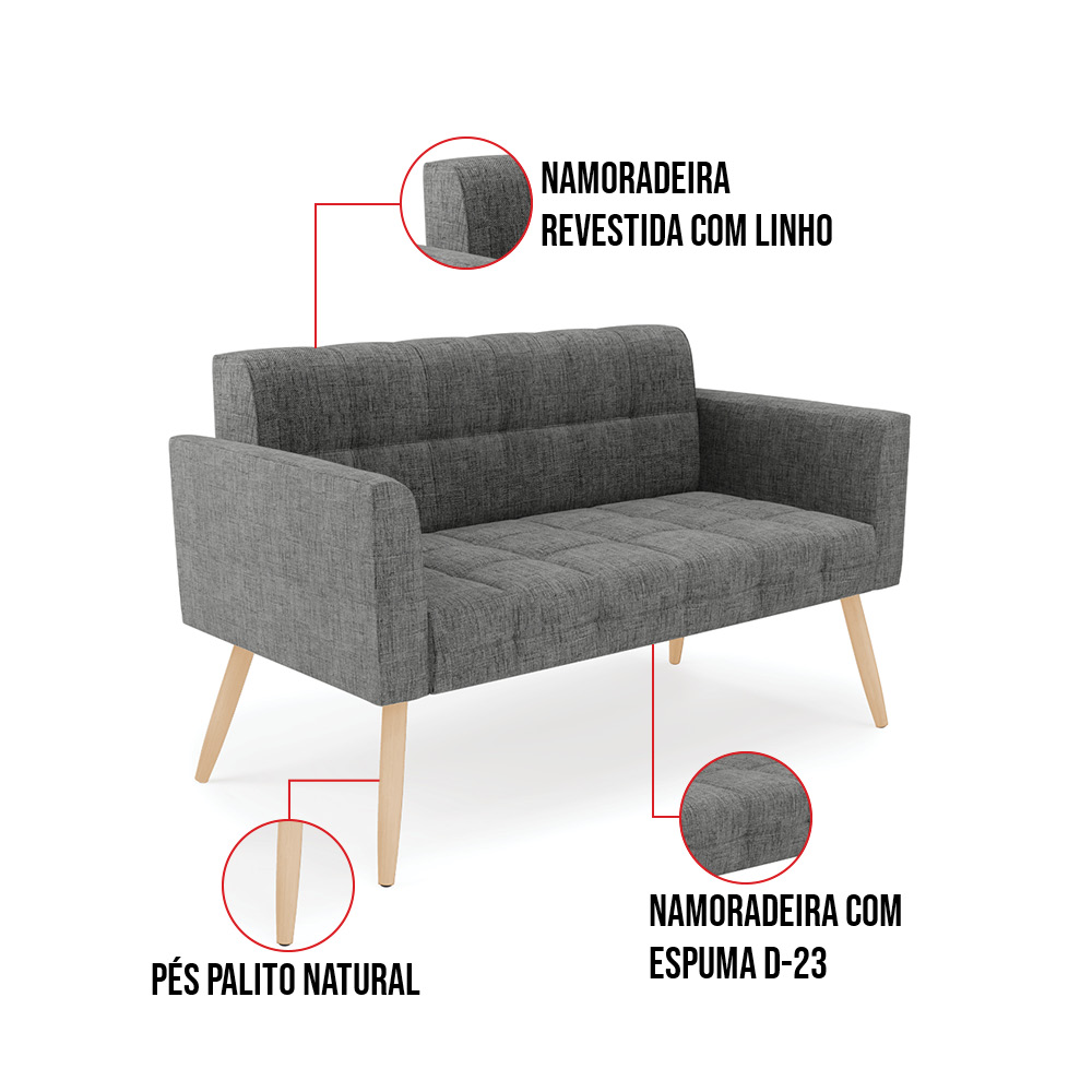 Sofá Namoradeira Elisa Linho Grafite A26 Pés Palito Natural - D'Rossi