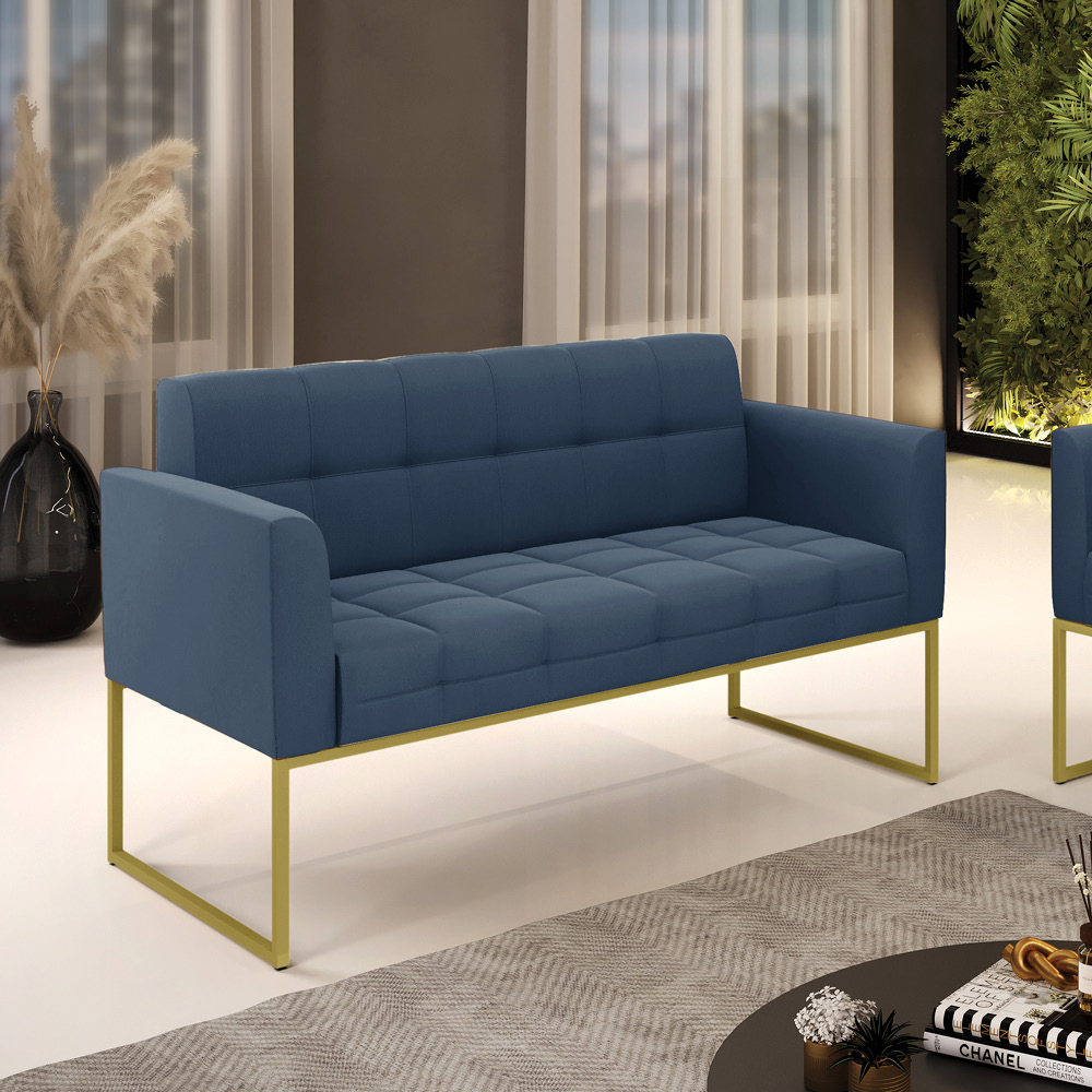 Sofá Namoradeira Elisa Suede Azul Marinho Base Metálica Industrial Dourada - D'Rossi