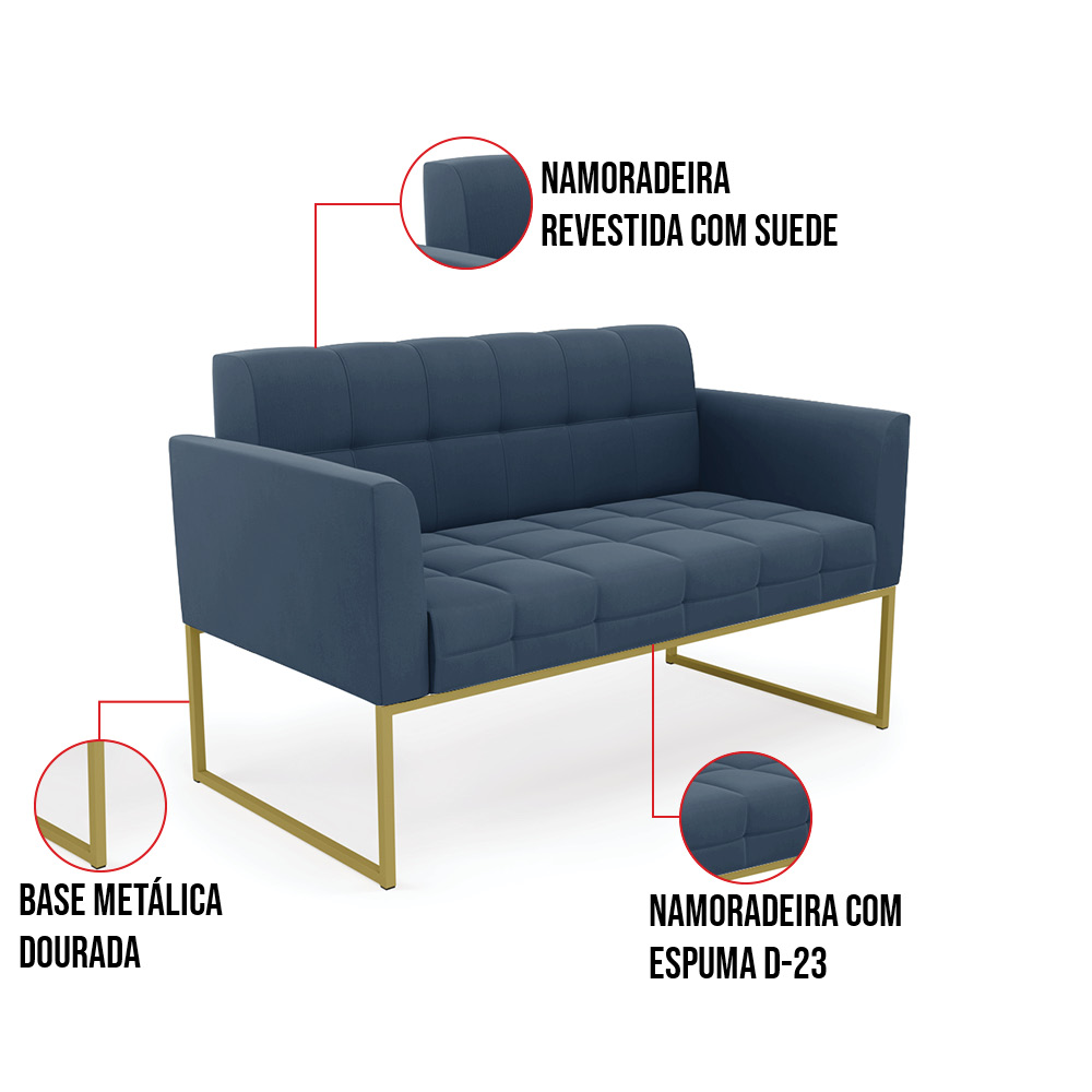 Sofá Namoradeira Elisa Suede Azul Marinho Base Metálica Industrial Dourada - D'Rossi