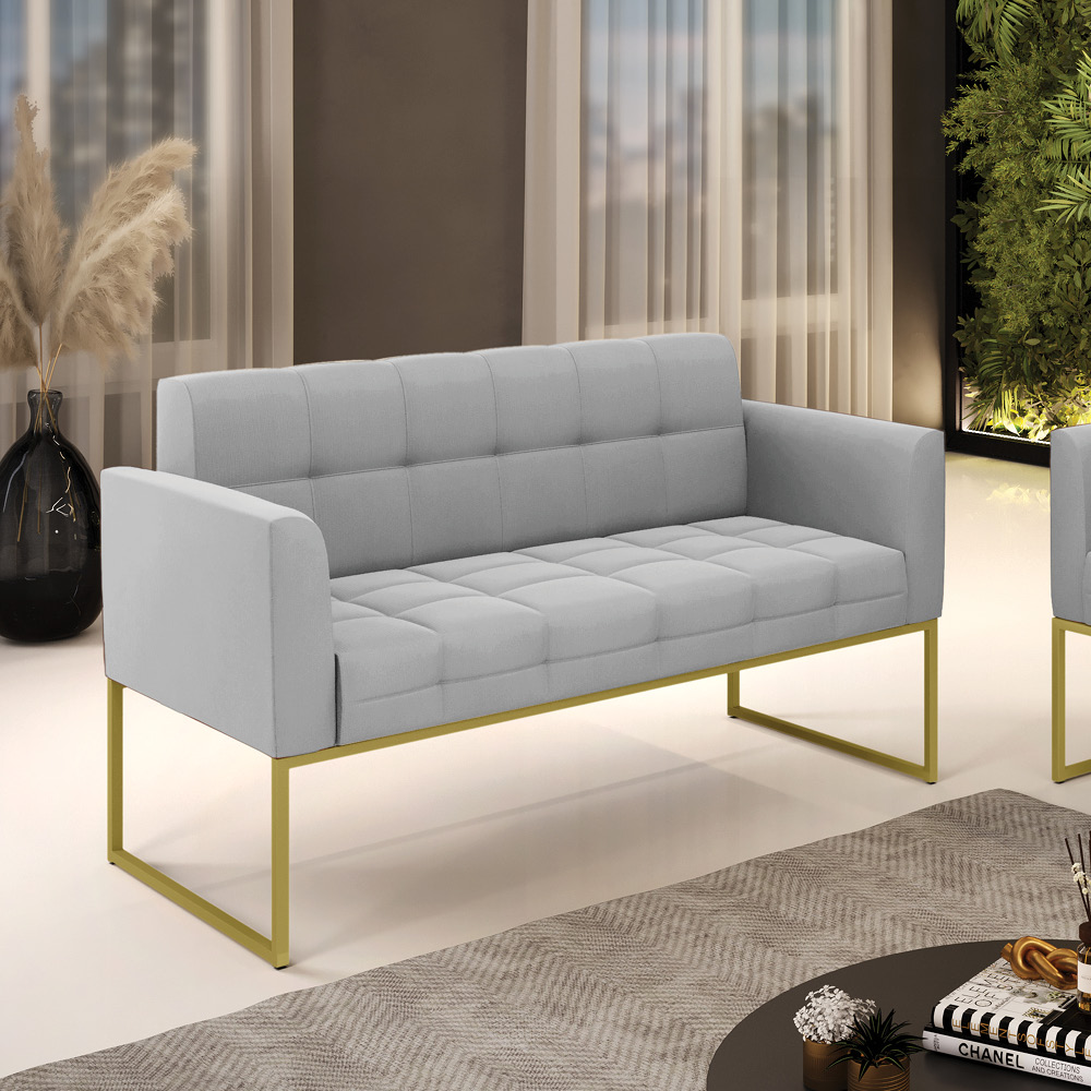 Sofá Namoradeira Elisa Suede Cinza Base Metálica Industrial Dourada - D'Rossi