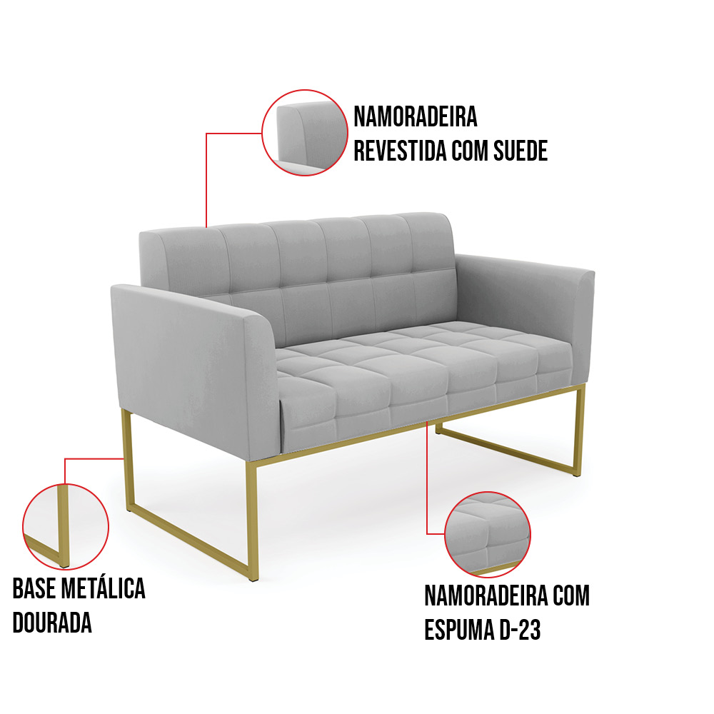 Sofá Namoradeira Elisa Suede Cinza Base Metálica Industrial Dourada - D'Rossi