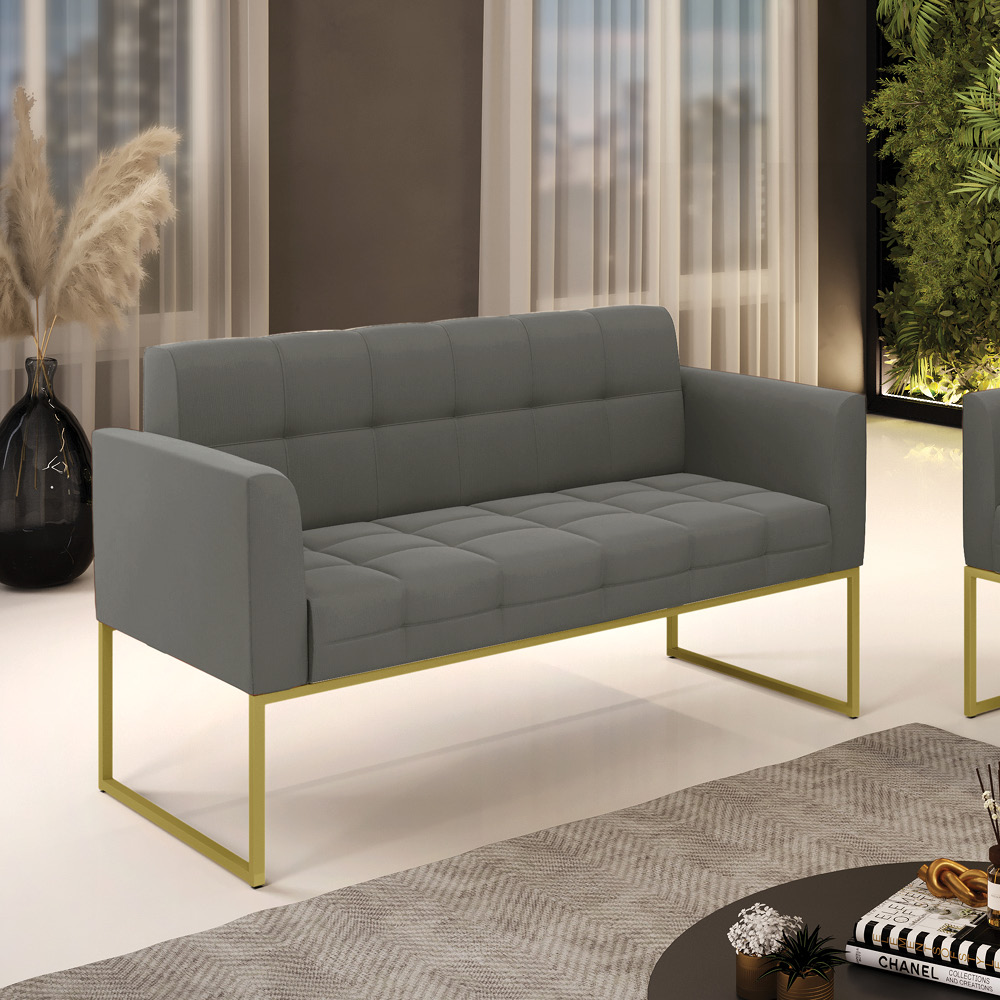 Sofá Namoradeira Elisa Suede Grafite Base Metálica Industrial Dourada - D'Rossi