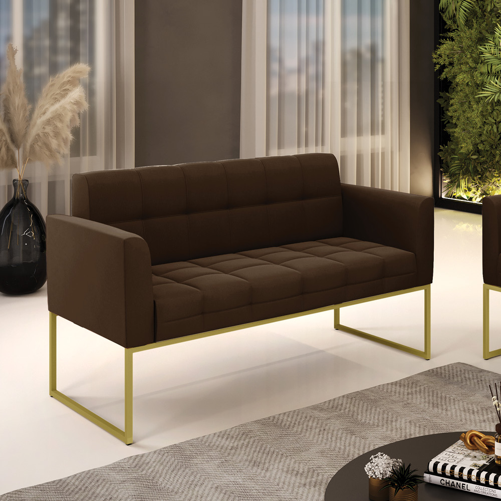 Sofá Namoradeira Elisa Suede Marrom Base Metálica Industrial Dourada - D'Rossi