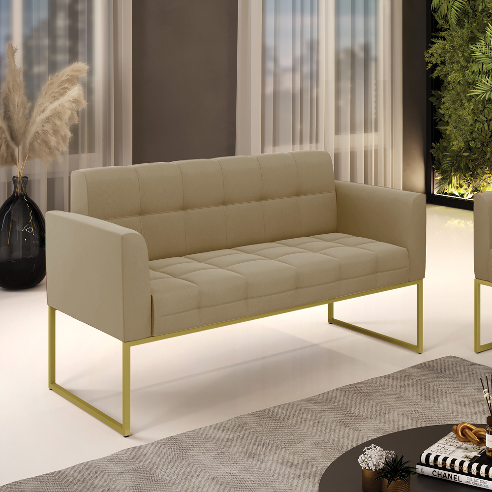 Sofá Namoradeira Elisa Suede Marrom Rato Base Metálica Industrial Dourada - D'Rossi