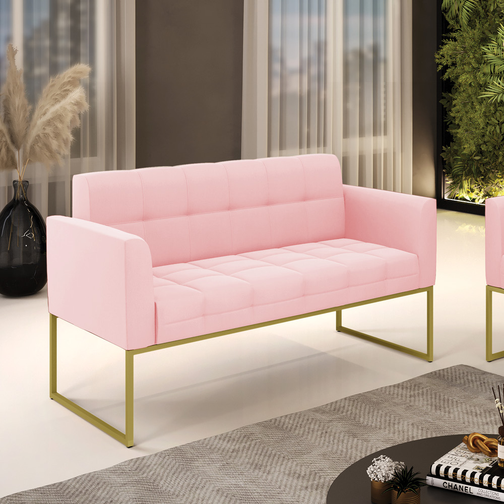 Sofá Namoradeira Elisa Suede Rosa Bebê Base Metálica Industrial Dourada - D'Rossi