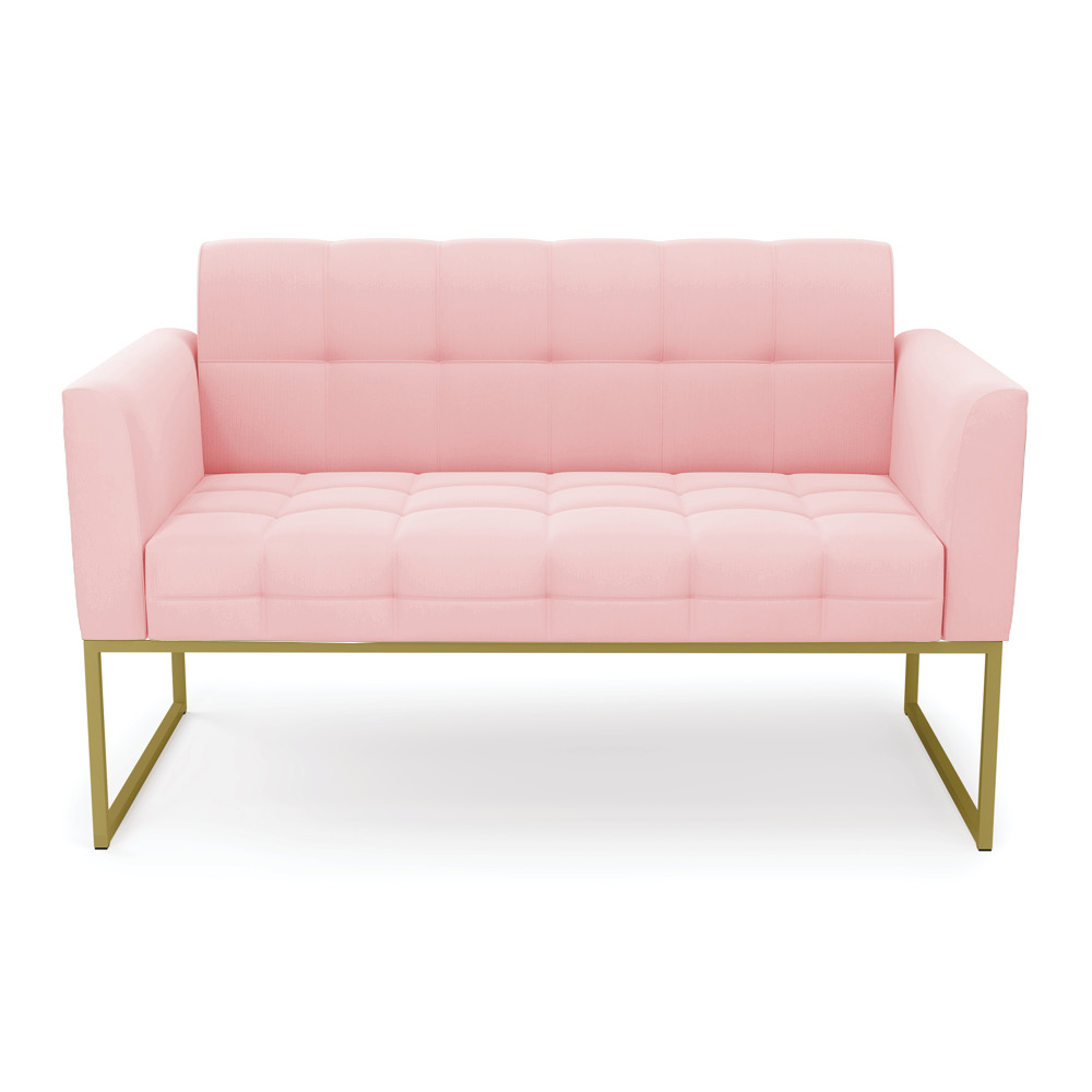 Sofá Namoradeira Elisa Suede Rosa Bebê Base Metálica Industrial Dourada - D'Rossi