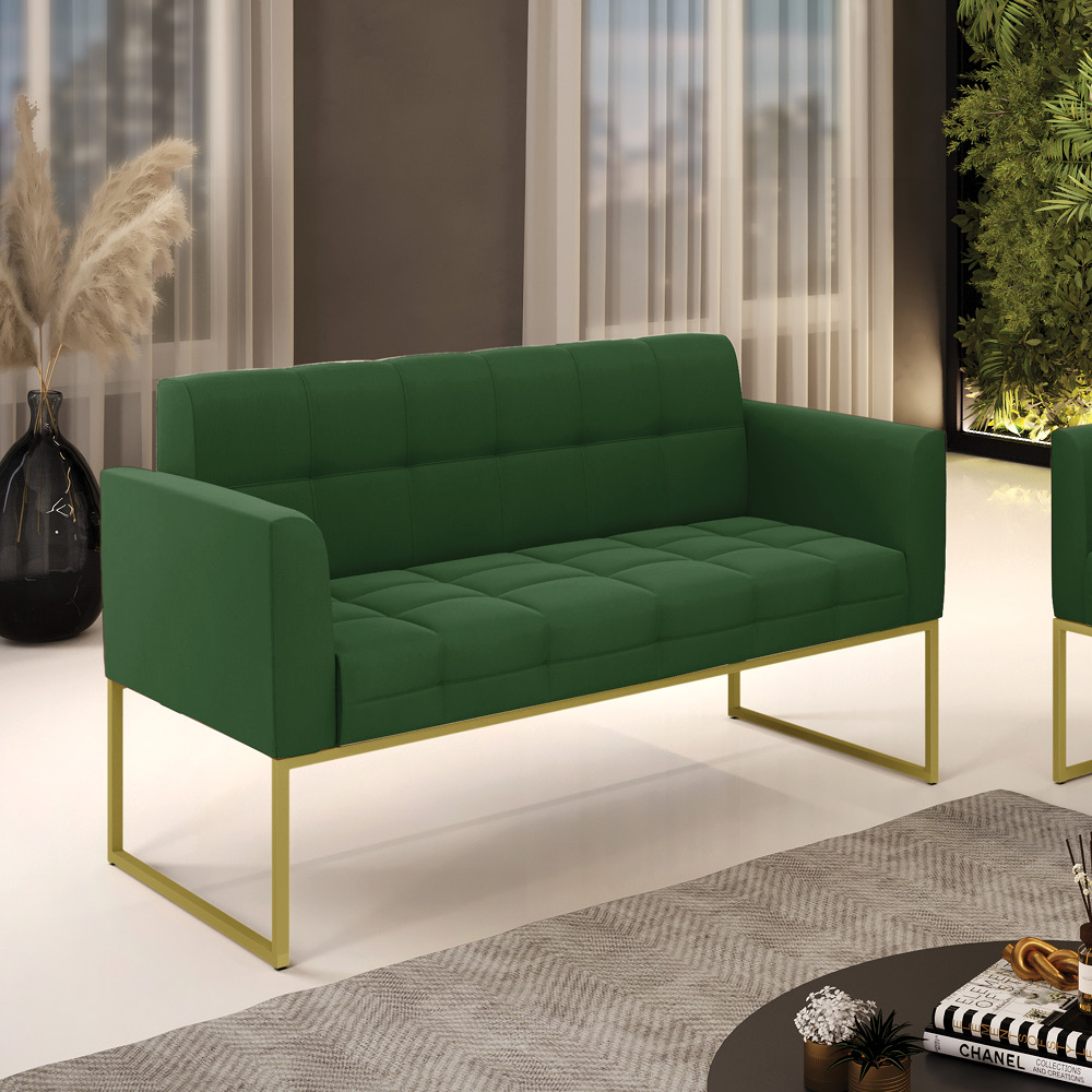 Sofá Namoradeira Elisa Suede Verde Base Metálica Industrial Dourada - D'Rossi