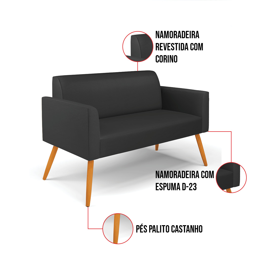 Sofá Namoradeira Pés Palito Castanho Marisa Corino Preto D03 - D'Rossi