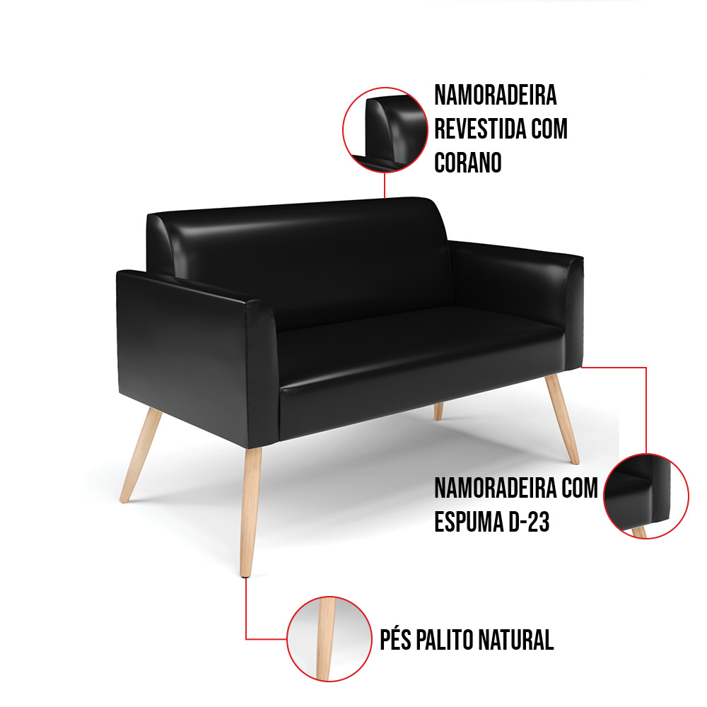 Sofá Namoradeira Pés Palito Natural Marisa Corano Preto D03 - D'Rossi