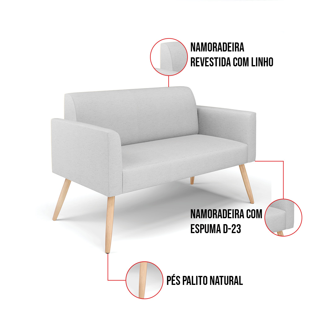 Sofá Namoradeira Pés Palito Natural Marisa Linho Cinza A05 D03 - D'Rossi