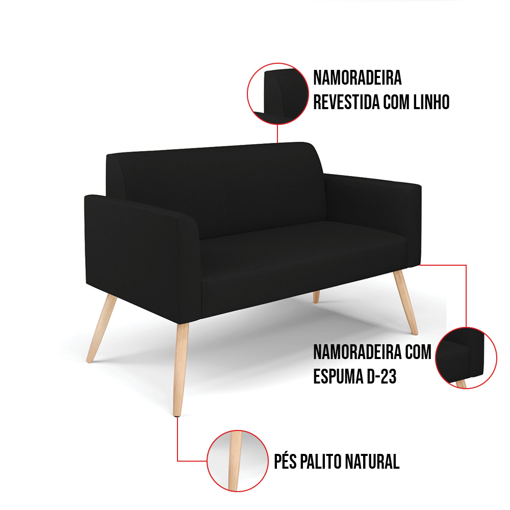 Sofá Namoradeira Pés Palito Natural Marisa Linho Preto A79 D03 - D'Rossi