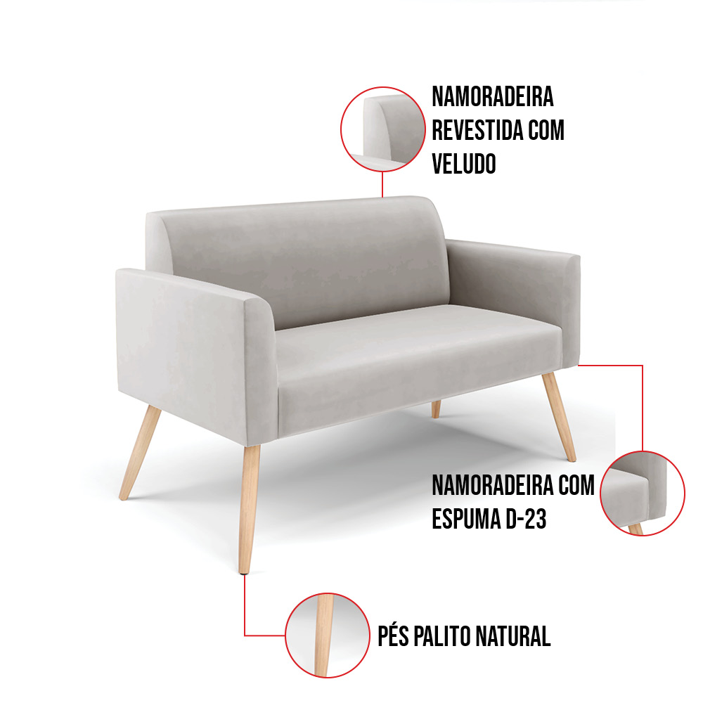 Sofá Namoradeira Pés Palito Natural Marisa Veludo Cinza D03 - D'Rossi