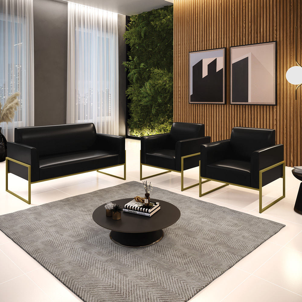 Sofá Namoradeira com 2 Poltronas Base Industrial Alta Dourado Marisa Corano Preto D03 - D?Rossi