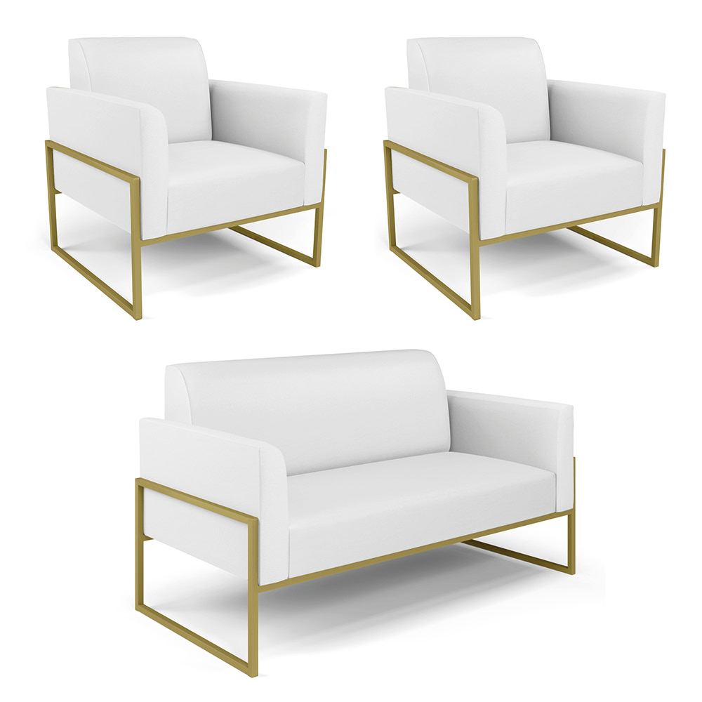 Sofá Namoradeira com 2 Poltronas Base Industrial Alta Dourado Marisa Corino Branco D03 - D?Rossi
