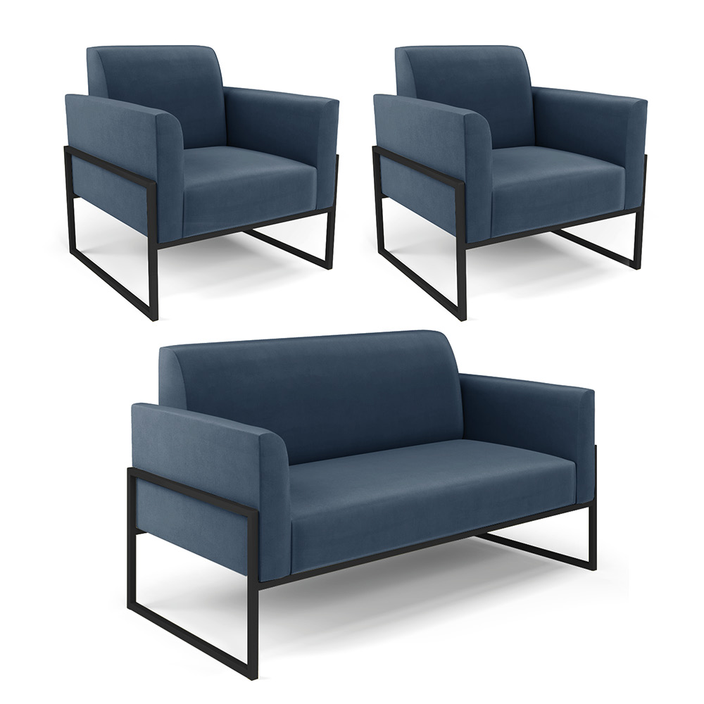 Sofá Namoradeira com 2 Poltronas Base Industrial Alta Preto Marisa Suede Azul Marinho D03 - D?Rossi