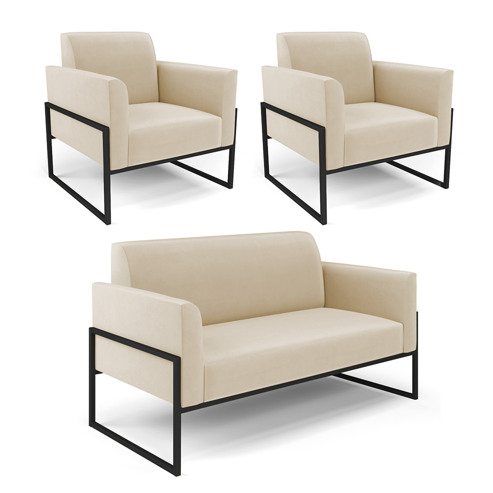 Sofá Namoradeira com 2 Poltronas Base Industrial Alta Preto Marisa Suede Bege D03 - D?Rossi
