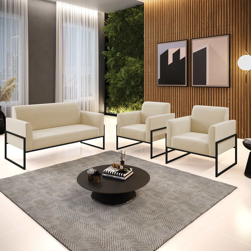 Sofá Namoradeira com 2 Poltronas Base Industrial Alta Preto Marisa Suede Bege D03 - D?Rossi