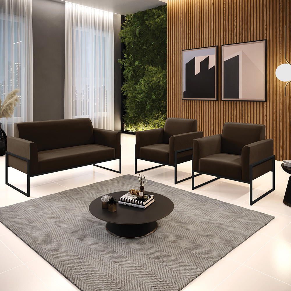 Sofá Namoradeira com 2 Poltronas Base Industrial Alta Preto Marisa Suede Marrom D03 - D?Rossi