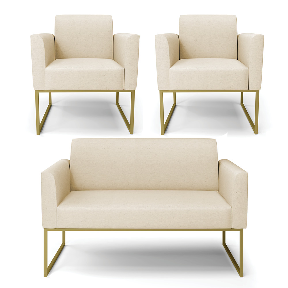 Sofá Namoradeira com 2 Poltronas Base Industrial Dourado Marisa Linho D03 - D'Rossi
