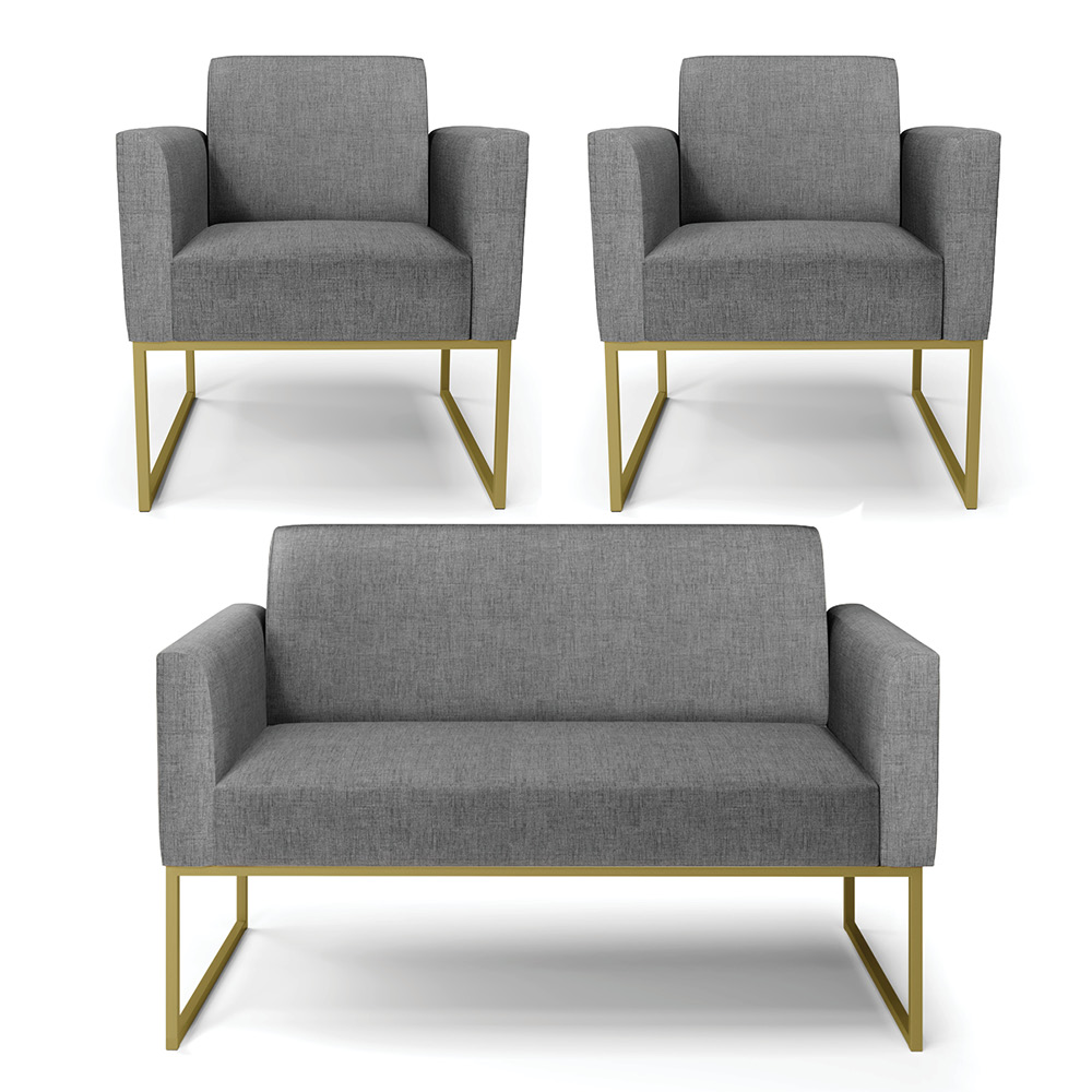 Sofá Namoradeira com 2 Poltronas Base Industrial Dourado Marisa Linho Grafite A26 D03 - D'Rossi