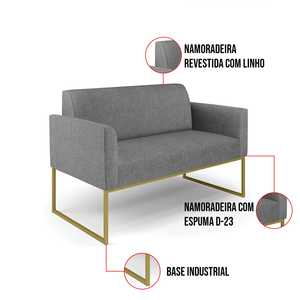Sofá Namoradeira com 2 Poltronas Base Industrial Dourado Marisa Linho Grafite A26 D03 - D'Rossi