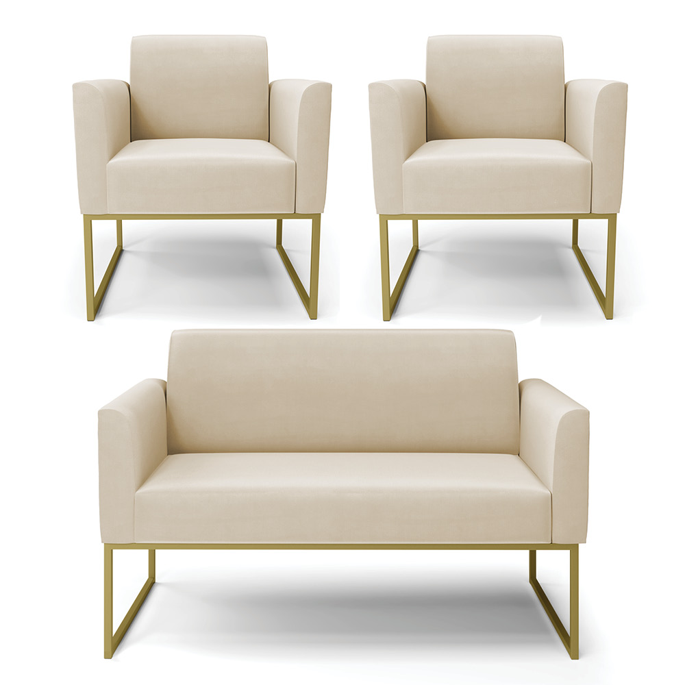 Sofá Namoradeira com 2 Poltronas Base Industrial Dourado Marisa Suede D03 - D'Rossi