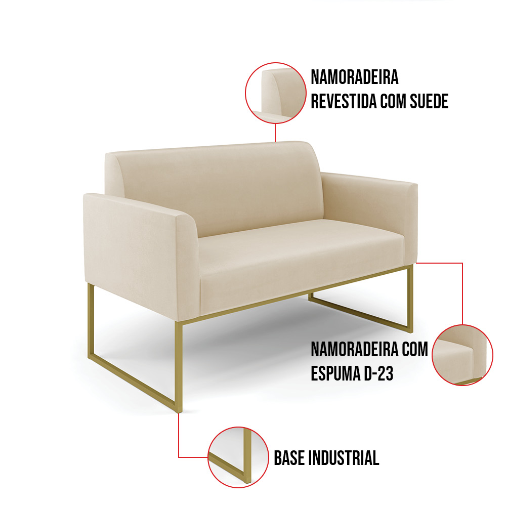 Sofá Namoradeira com 2 Poltronas Base Industrial Dourado Marisa Suede D03 - D'Rossi