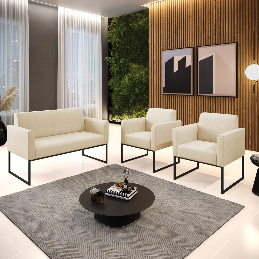 Sofá Namoradeira com 2 Poltronas Base Industrial Preto Marisa Linho D03 - D'Rossi