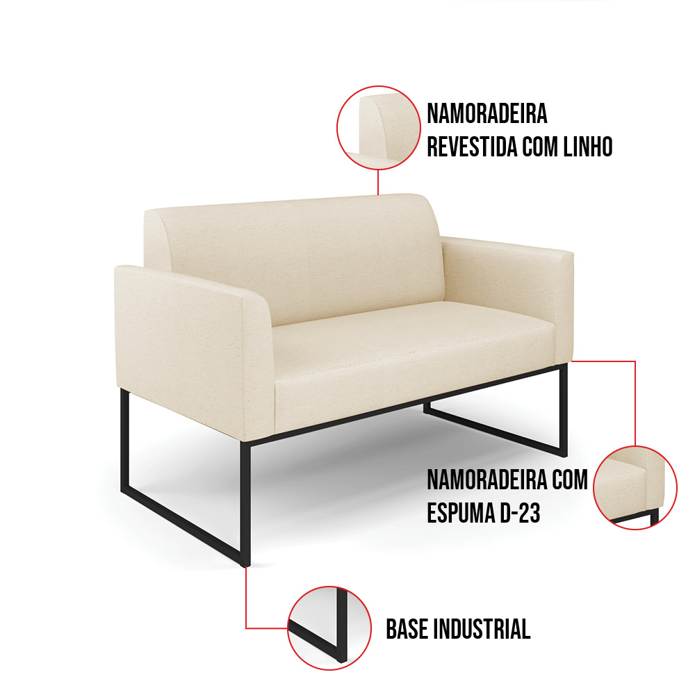 Sofá Namoradeira com 2 Poltronas Base Industrial Preto Marisa Linho D03 - D'Rossi