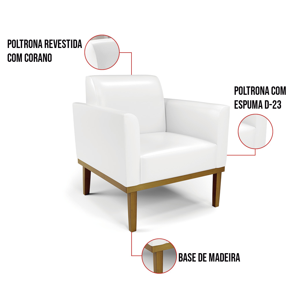 Sofá Namoradeira com 2 Poltronas Base de Madeira Fixa Castanho Marisa Corano Branco - D'Rossi