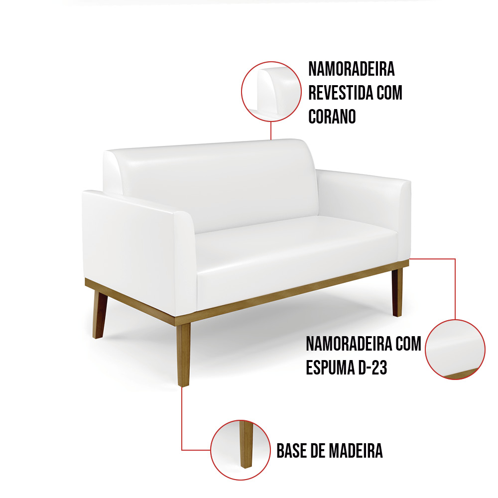Sofá Namoradeira com 2 Poltronas Base de Madeira Fixa Castanho Marisa Corano Branco - D'Rossi