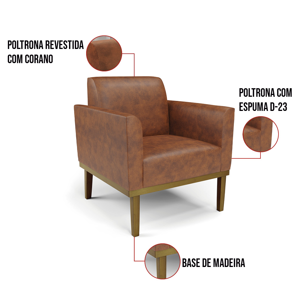 Sofá Namoradeira com 2 Poltronas Base de Madeira Fixa Castanho Marisa Corano Nozes - D'Rossi