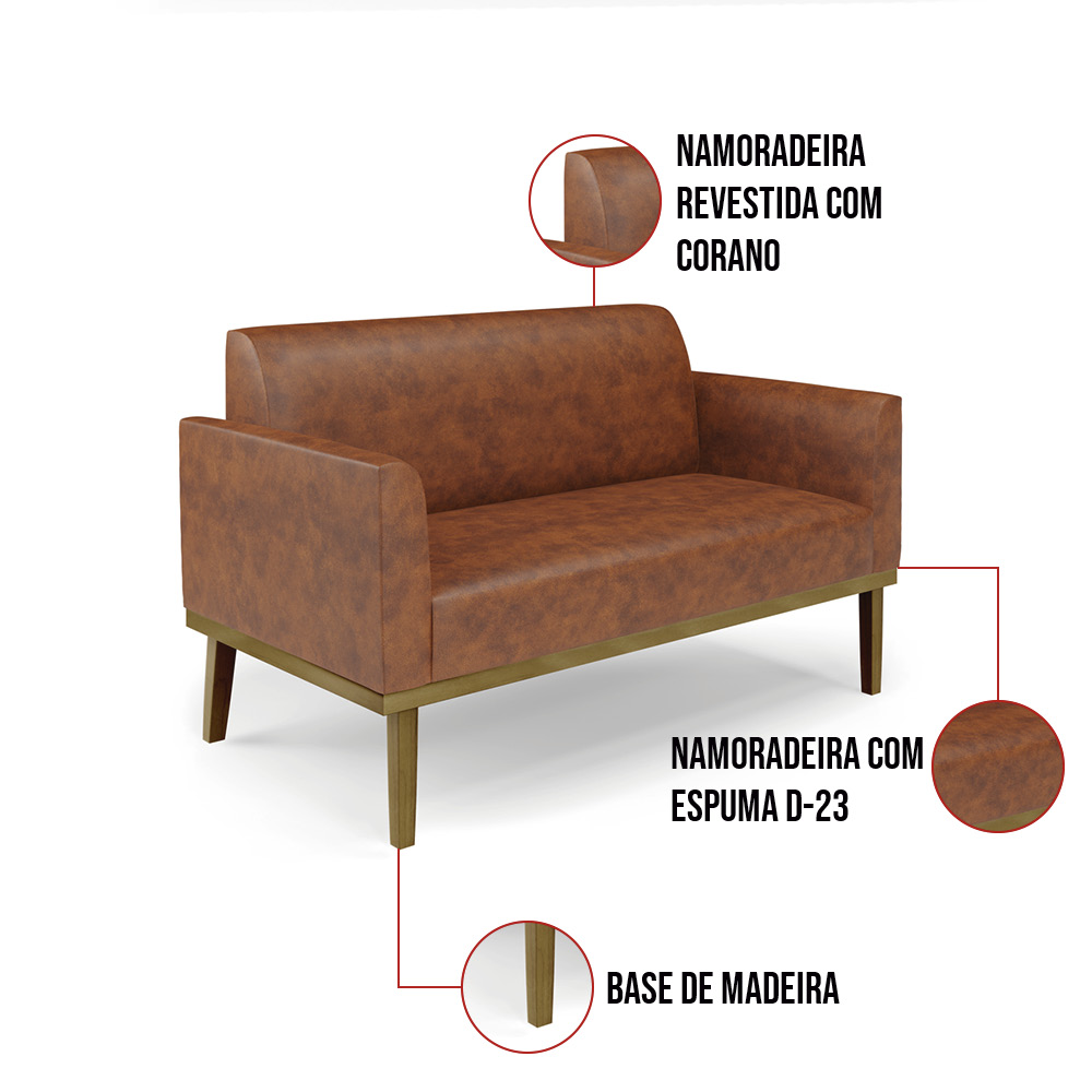 Sofá Namoradeira com 2 Poltronas Base de Madeira Fixa Castanho Marisa Corano Nozes - D'Rossi