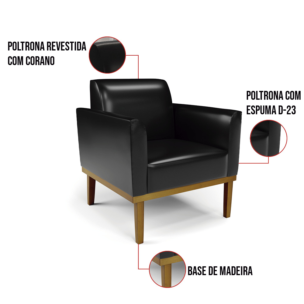 Sofá Namoradeira com 2 Poltronas Base de Madeira Fixa Castanho Marisa Corano Preto - D'Rossi