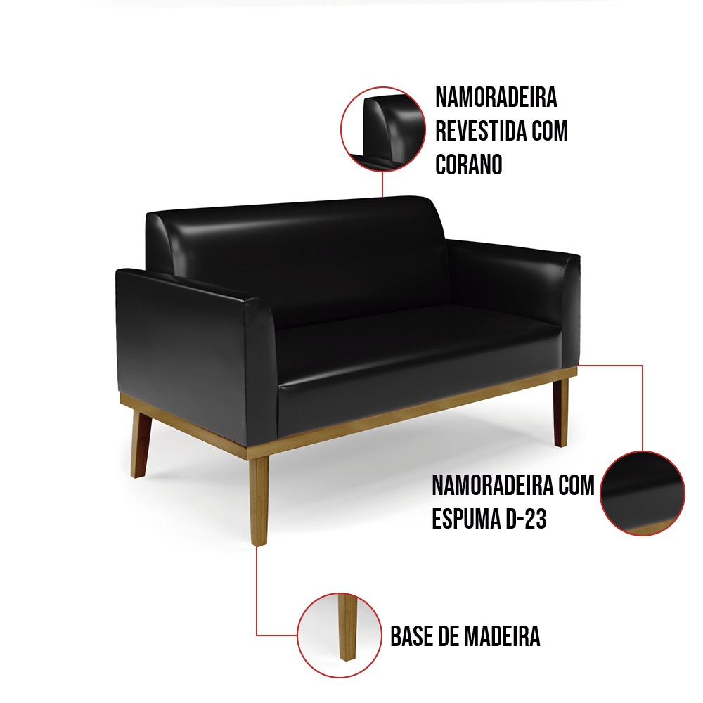 Sofá Namoradeira com 2 Poltronas Base de Madeira Fixa Castanho Marisa Corano Preto - D'Rossi