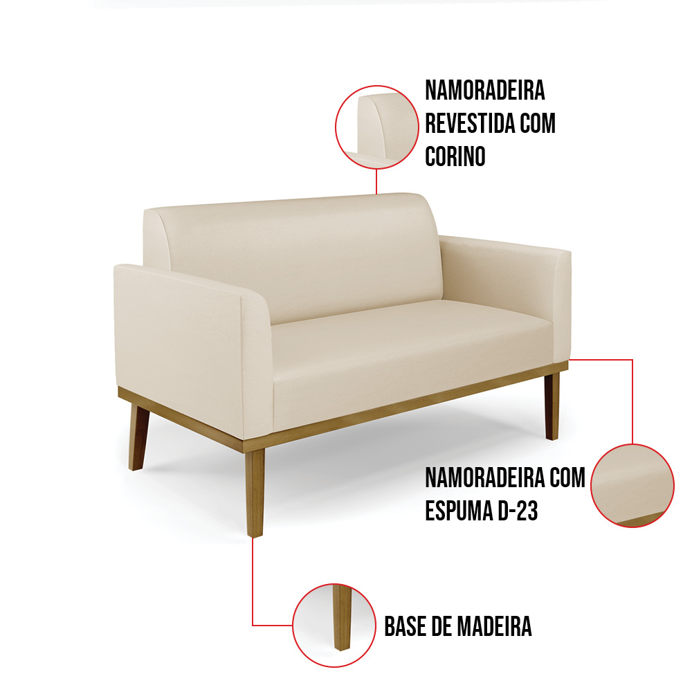 Sofá Namoradeira com 2 Poltronas Base de Madeira Fixa Castanho Marisa Corino Bege  D03 - D'Rossi