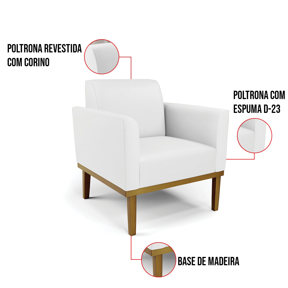 Sofá Namoradeira com 2 Poltronas Base de Madeira Fixa Castanho Marisa Corino Branco  D03 - D'Rossi