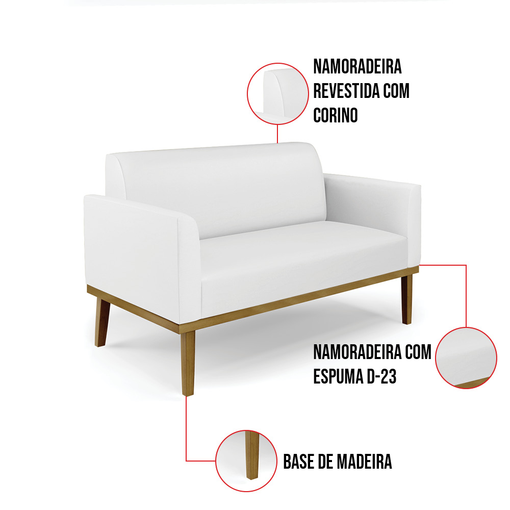 Sofá Namoradeira com 2 Poltronas Base de Madeira Fixa Castanho Marisa Corino Branco  D03 - D'Rossi