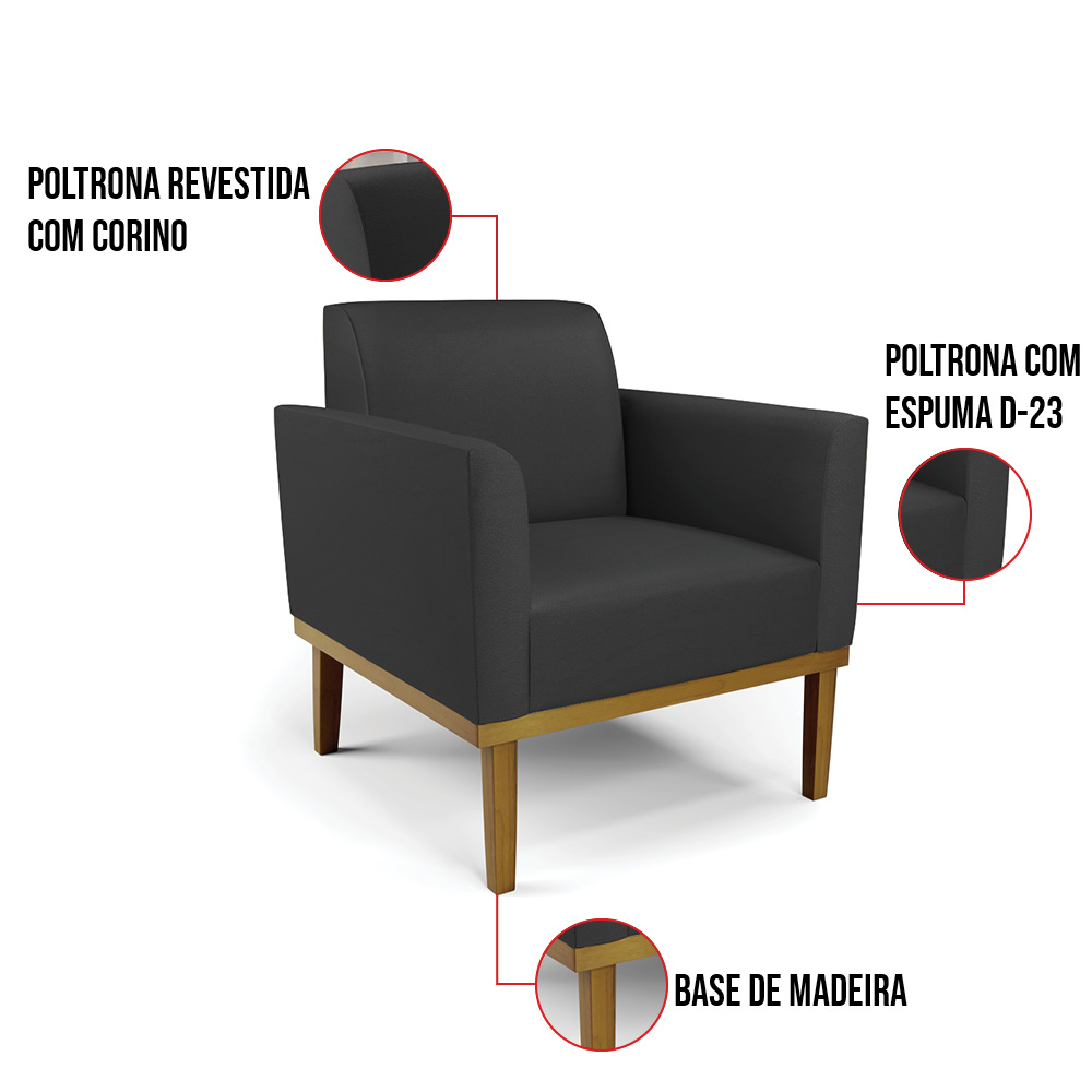 Sofá Namoradeira com 2 Poltronas Base de Madeira Fixa Castanho Marisa Corino Preto  D03 - D'Rossi