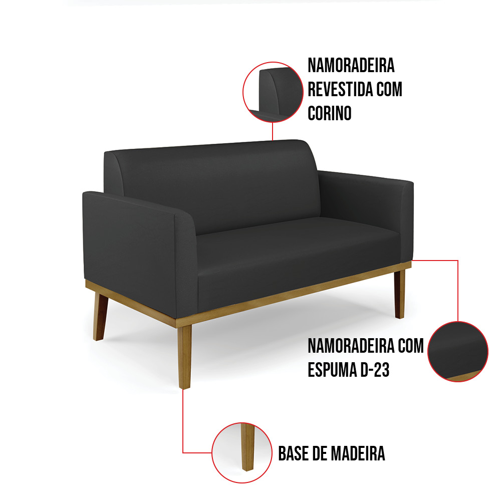 Sofá Namoradeira com 2 Poltronas Base de Madeira Fixa Castanho Marisa Corino Preto  D03 - D'Rossi