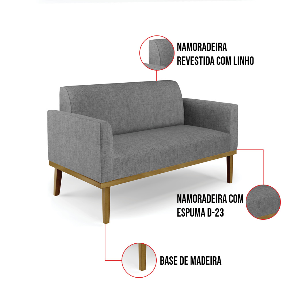 Sofá Namoradeira com 2 Poltronas Base de Madeira Fixa Castanho Marisa Linho Grafite A26 D03 - D'Rossi