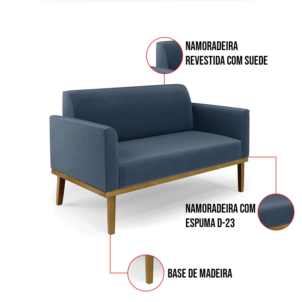 Sofá Namoradeira com 2 Poltronas Base de Madeira Fixa Castanho Marisa Suede Azul Marinho D03 - D'Rossi